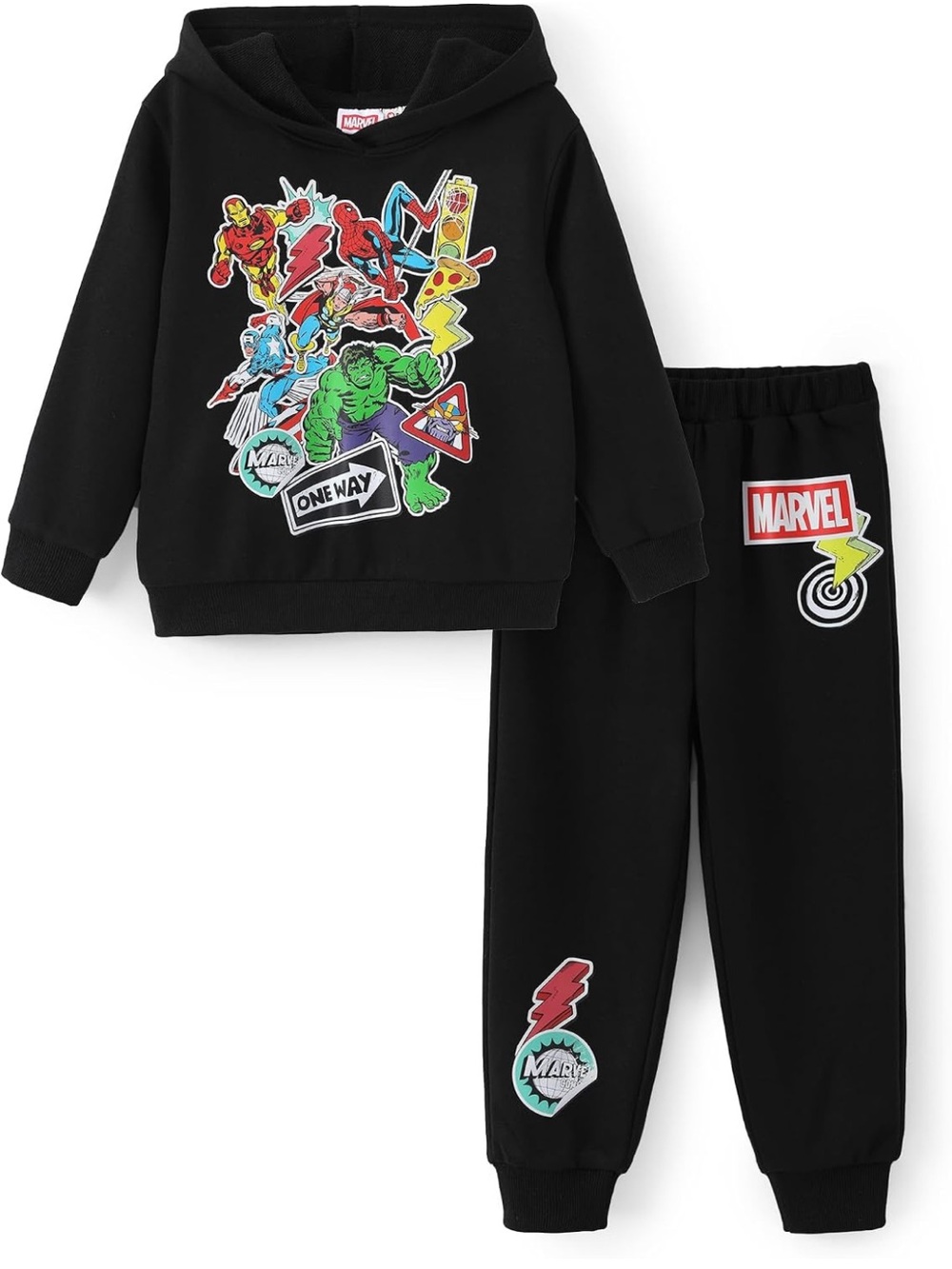 NWT Disney Marvel Black Hoodie Jogger Set with Multiple Superhero’s 3T-4T